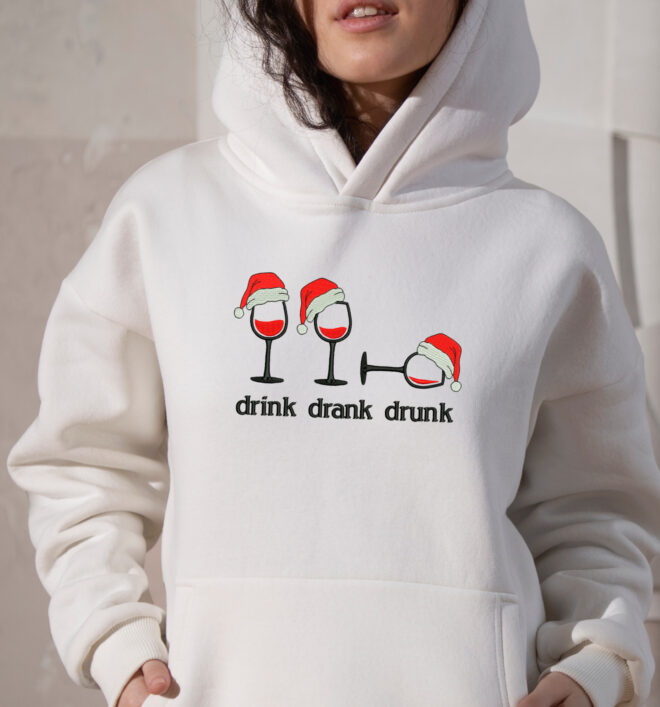 Drink Drank Drunk Embroidery Design, Christmas Wine Glasses embroidery design
