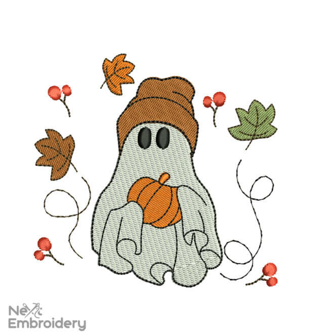 Fall Ghost Embroidery Design, Autumn Pumpkin Boho Ghost Embroidery Designs