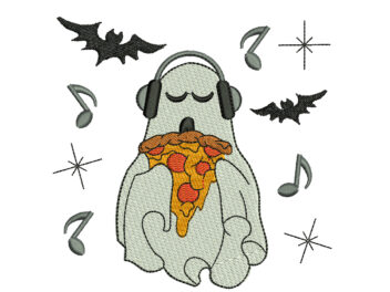 Ghost with Pizza Slice and Headphone Embroidery Design, Halloween Embroidery Design, Boo Embroidery