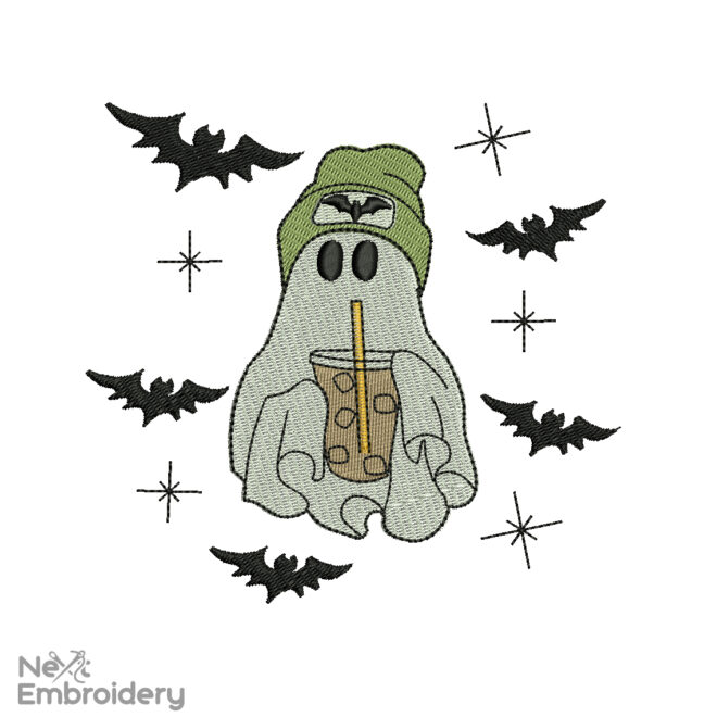 Halloween Ghost with Ice Coffee Embroidery Design, Beanie Boho Ghost Embroidery Design, Boo Embroidery, Ice Coffee Machine Embroidery Files
