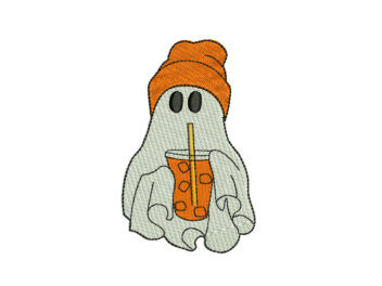 Little Boho Ghost with Ice Coffee Embroidery Design, Halloween Ghost Embroidery Design, Boo Embroidery, Ice Coffee Machine Embroidery Files