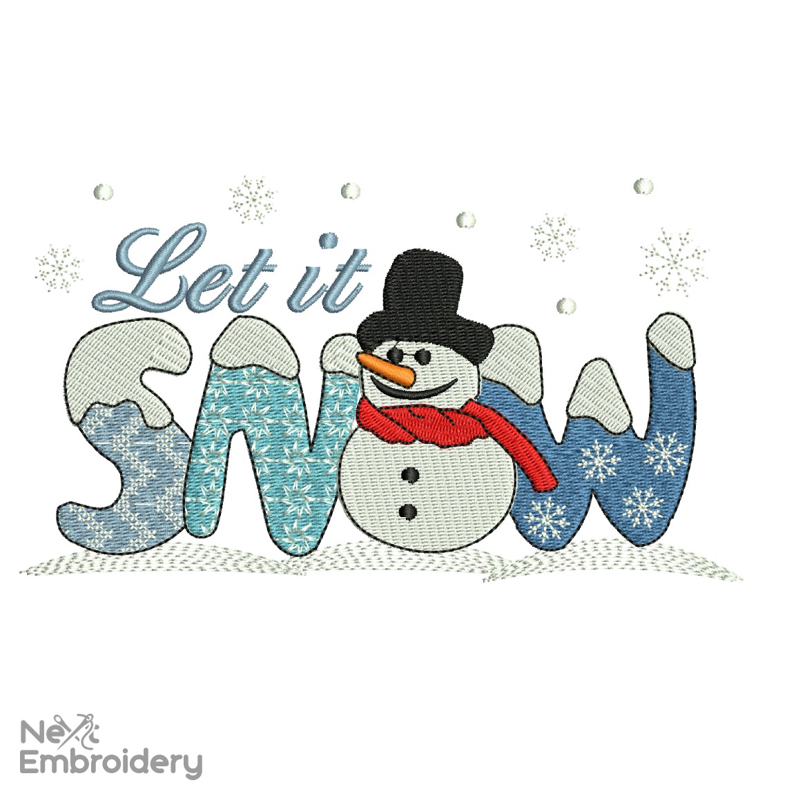 Let it Snow Embroidery Design, Snowman Christmas Embroidery Designs