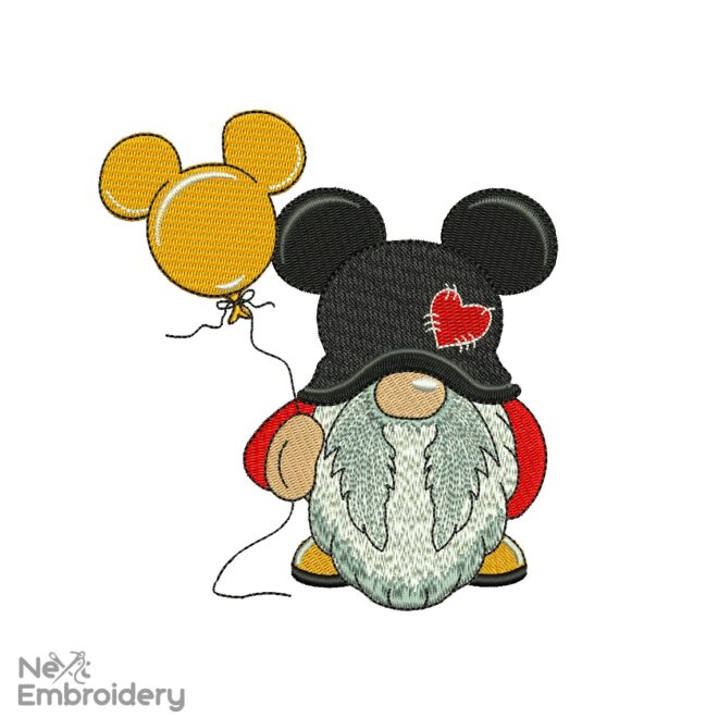 Mickey Mouse Gnome Embroidery Design, Mice Embroidery Design, Cute Gnome embroidery design