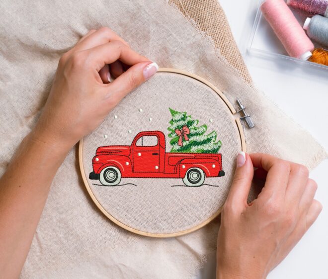 Mini Christmas Tree Truck Embroidery Design, Winter Advent Merry Christmas Design
