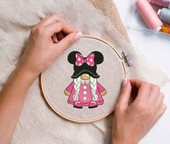 Mini Mouse Girl Gnome Embroidery Design, Mice Embroidery Design, Cute Gnome embroidery design