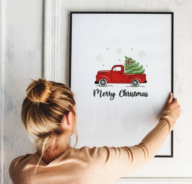 Rerto Christmas Tree Truck Embroidery Design, Vintage Winter Advent Merry Christmas Design