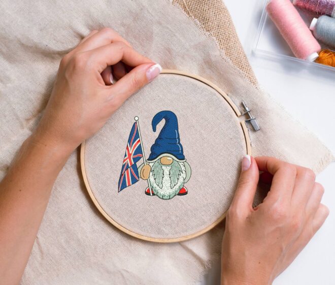 Union Jack Gnome Embroidery Design, British Flag Gnome, England, Great Britain Machine Embroidery Designs