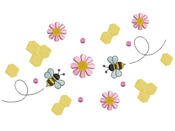 Bee and Flowers Embroidery Design, Retro Bumble Bee Embroidery Design