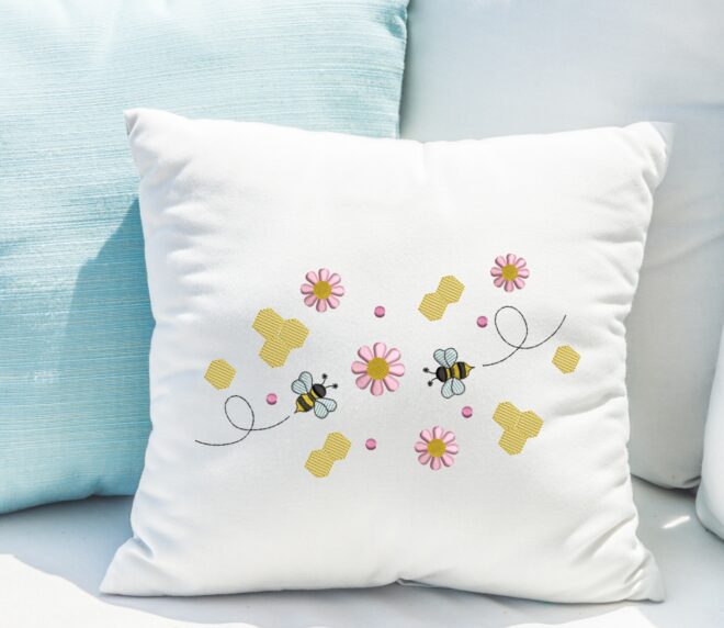 Bee and Flowers Embroidery Design, Retro Bumble Bee Embroidery Design