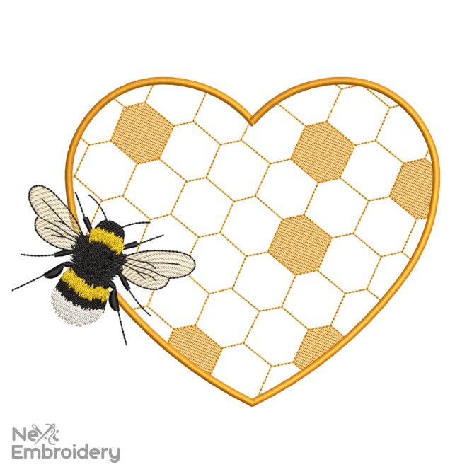 Bumble Bee and Heart Embroidery Design, Retro Embroidery Design