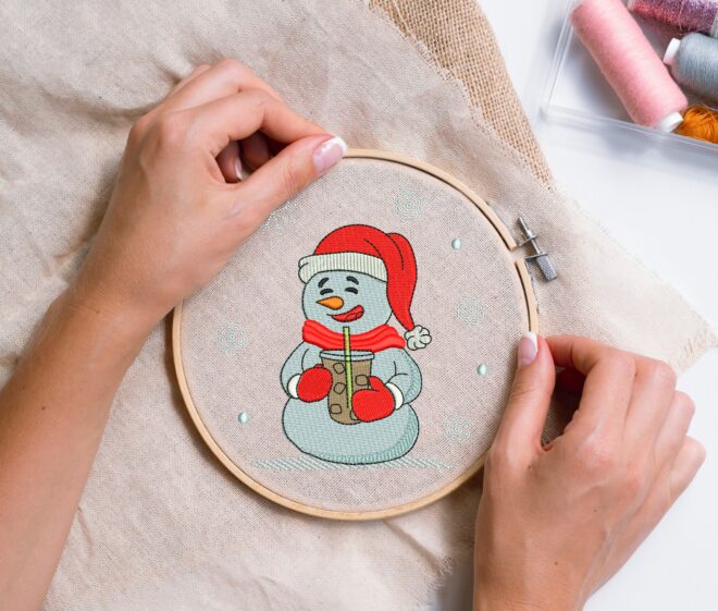Christmas Snowman with Ice Coffee Embroidery Design, Christmas Embroidery Design, Iced Coffee Machine Embroidery Files