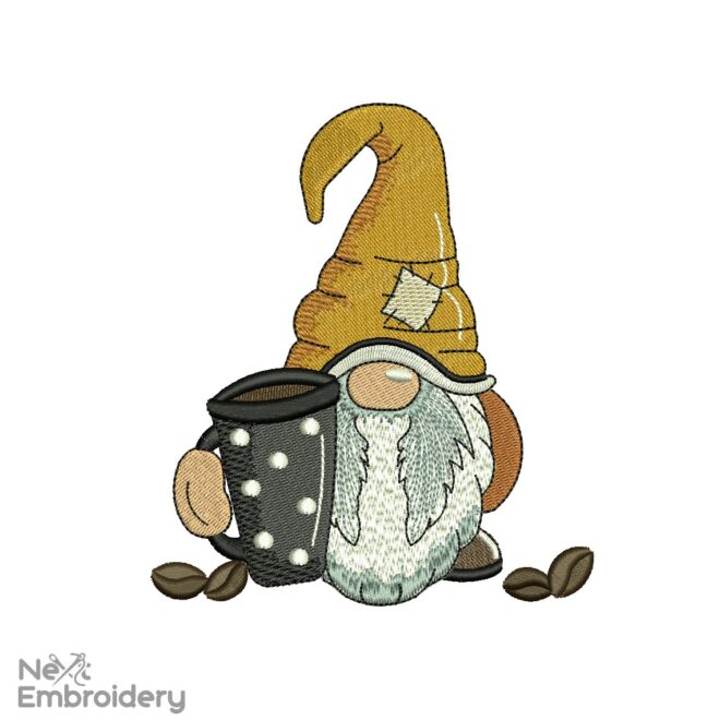Coffee Cup Gnome Embroidery Design, Coffee Lover Embroidery Design