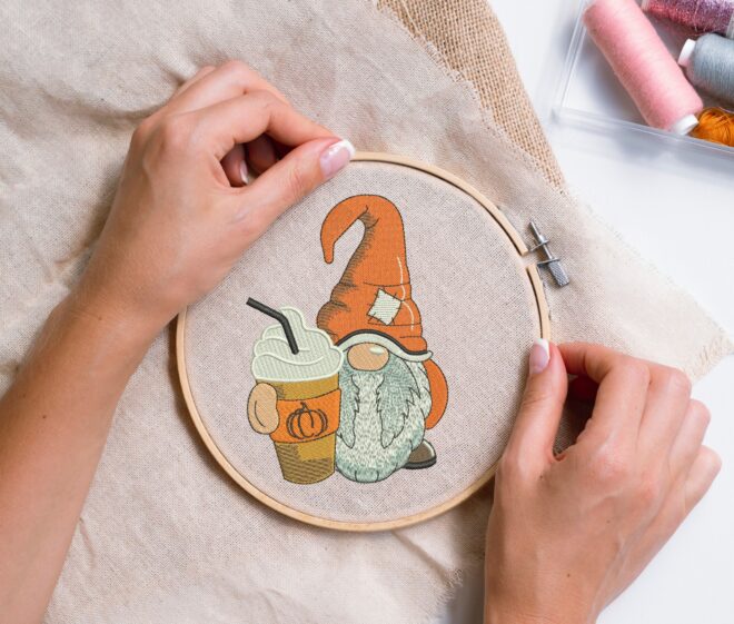 Coffee Gnome Embroidery Design, Pumpkin Spice, Coffee Lover Embroidery Design