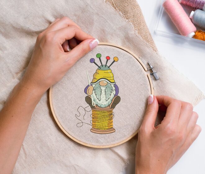 Sewing Gnome Embroidery Design, Spool Machine Embroidery Designs, Knitting Embroidery Design