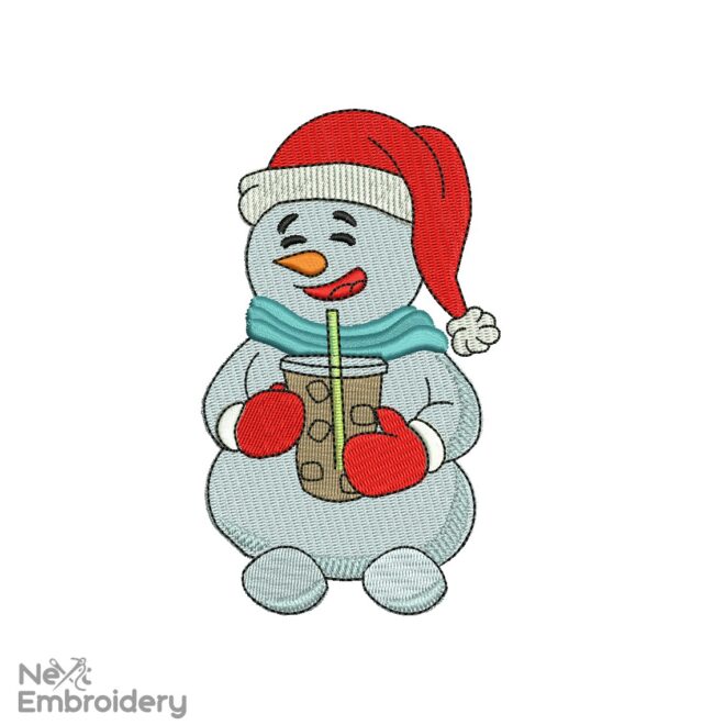 Snowman with Ice Coffee Embroidery Design, Christmas Embroidery Design, Iced Coffee Machine Embroidery Files
