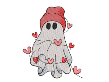 Cute Valentine Ghost Embroidery Designs, Heart Love Cute Ghost Embroidery Designs