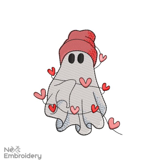 Cute Valentine Ghost Embroidery Designs, Heart Love Cute Ghost Embroidery Designs