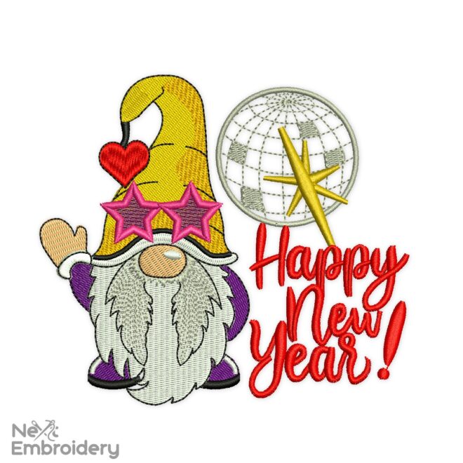 Happy New Year Gnome Embroidery Designs, Christmas Machine Embroidery File