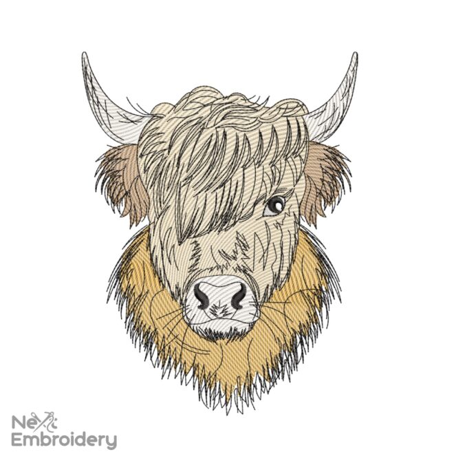 Highland Cow Embroidery Design, Line art Embroidery Design, Minimalist Machine Embroidery Design