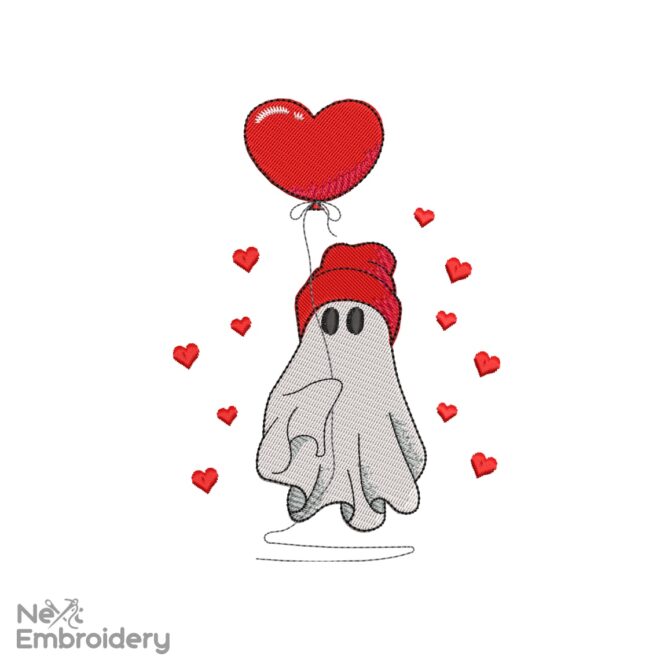 Love Cute Valentine Ghost Embroidery Designs, Heart Cute Ghost Embroidery Designs