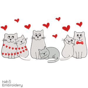 Meowy Valentines Embroidery Designs, Happy Valentine Day Cat Embroidery Designs