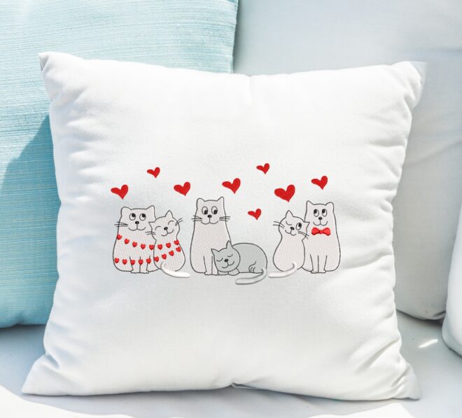 Meowy Valentines Embroidery Designs, Happy Valentine Day Cat Embroidery Designs
