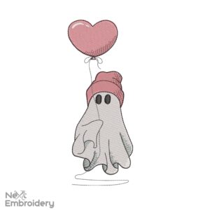 Valentine Ghost Embroidery Designs, Love Cute Ghost with Balloon Embroidery Designs