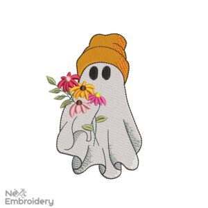 Valentine Mini Ghost Embroidery Designs, Love Cute Ghost with Flowers Embroidery Designs