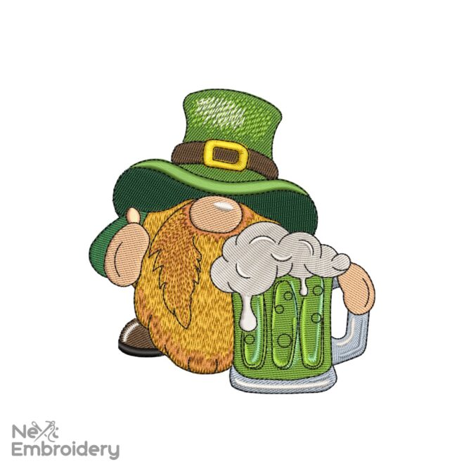 Saint Patrick Gnome with Beer Embroidery Designs, Patricks Day Lucky Holiday Embroidery Designs, Irish, Shamrock, Lucky