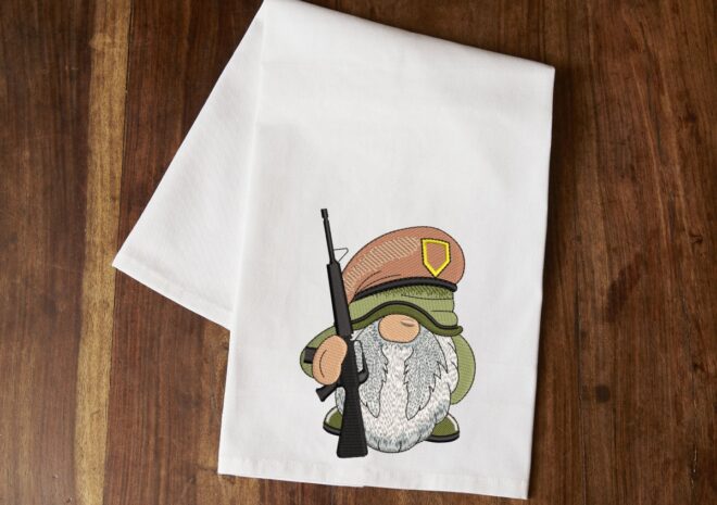Soldier Gnome with Gun Embroidery Design, Gift for Boy, Military Veteran, Trooper Embroidery Designs