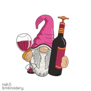 Bottle of Wine Gnome Embroidery Design, Wine Embroidery Design