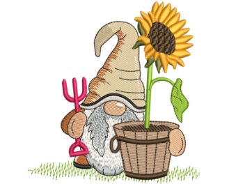 Garden Sunflower Gnome Embroidery Design, Gardener Embroidery Design