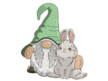 Gnome with Rabbit Embroidery Design, Easter Spring Embroidery Designs, Smile Egg Hunter