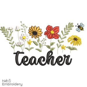 Teacher Floral embroidery design, Back to School Machine embroidery file