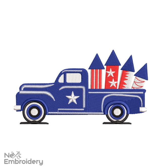 4th of July Truck Embroidery Design, American Patritic Embroidery Designs