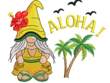 Aloha Gnome Embroidery Design, Girl Gnome Summer Embroidery Designs
