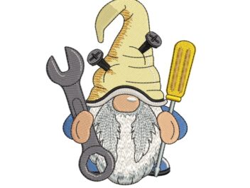 Mechanical Gnome Embroidery Design, Gnome with Wrench and Screwdriver Machine Embroidery Designs