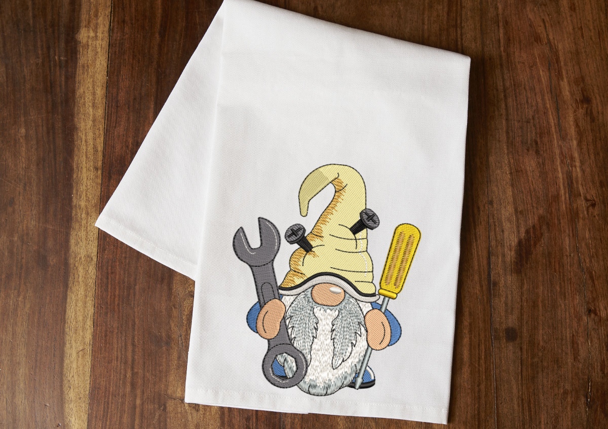 Mechanical Gnome Embroidery Design, Gnome with Wrench and Screwdriver Machine Embroidery Designs