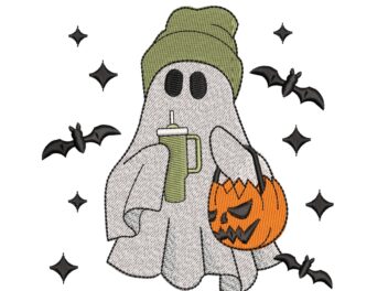 Cool Ghost with Tumbler Embroidery Design, Halloween Ghost Embroidery Design, Boo Embroidery, Machine Embroidery Files