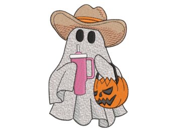 Howdy Ghost with Tumbler Embroidery Design, Halloween Ghost Embroidery Design, Boo Embroidery, Machine Embroidery Files