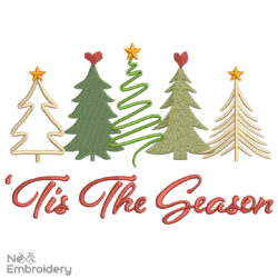 Christmas Trees Embroidery Designs, Minimalist Vintage Merry Christmas Embroidery Design, Instant Download