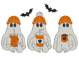 Three Halloween Ghost with Coffee Embroidery Design
