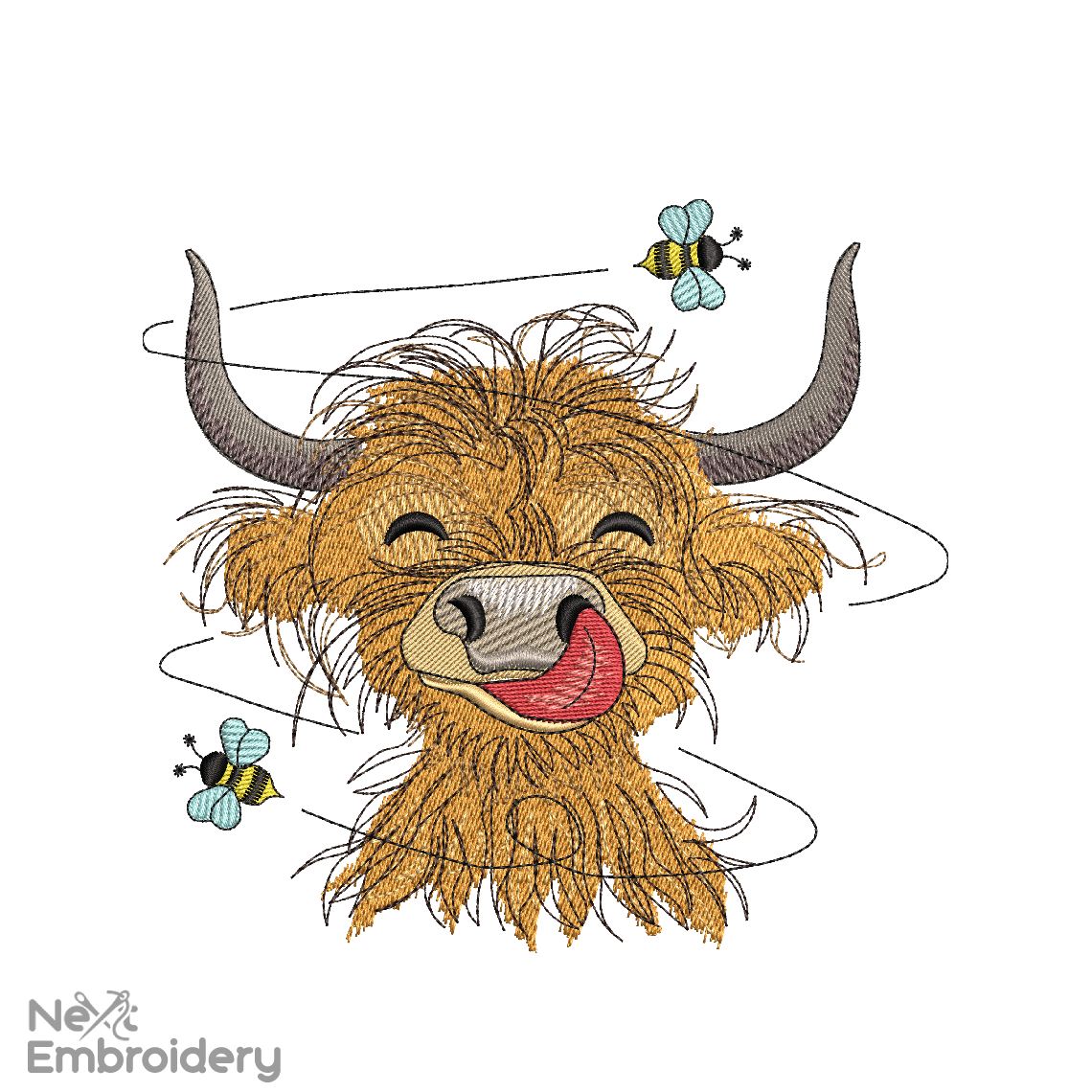 Baby Fun Highland Cow Embroidery Design, Cute Smile Farm Animal embroidery design, Instant download