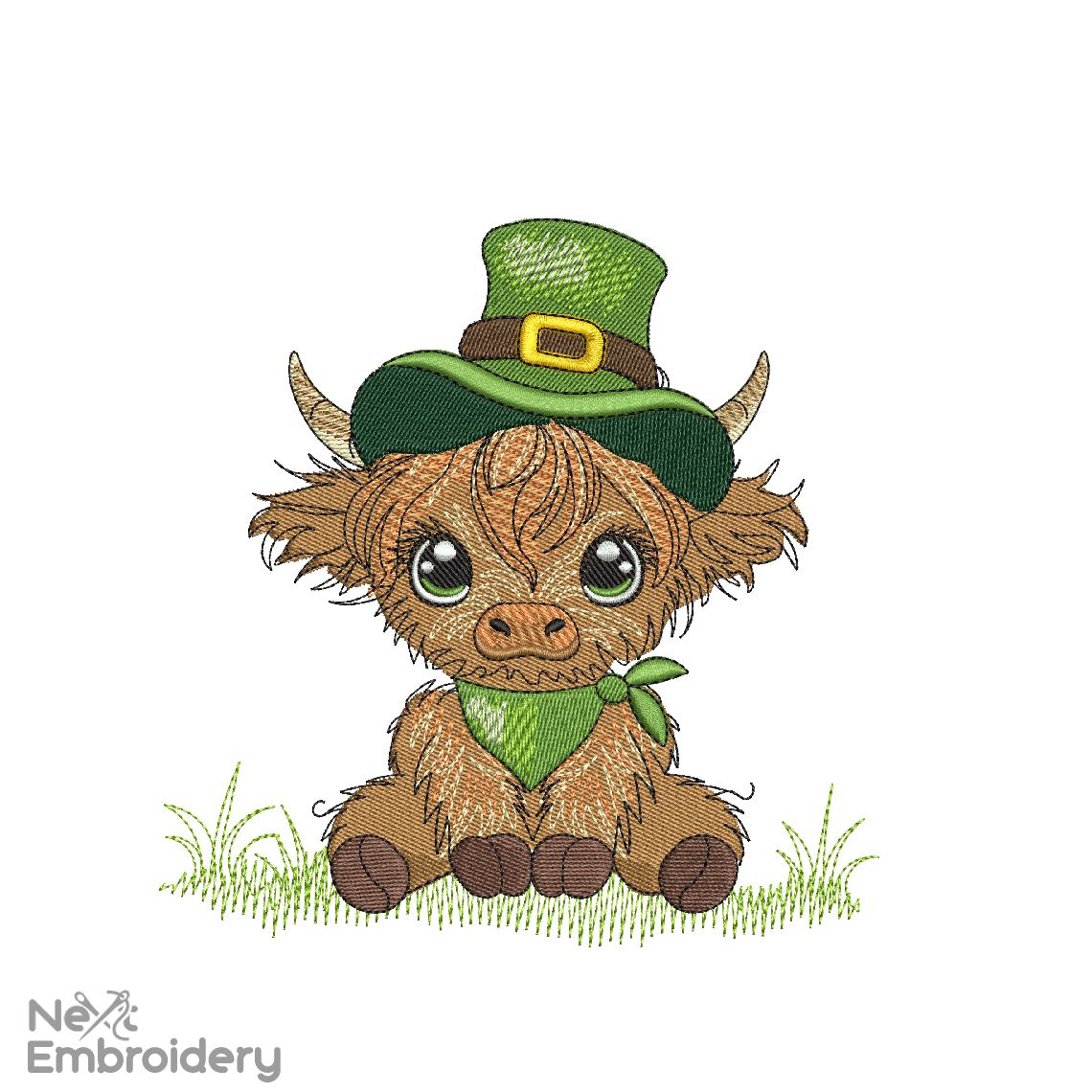Baby Highland Cow Patricks day Embroidery Design, Cute Farm Animal embroidery design, Instant download