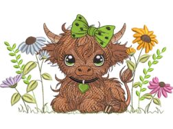 Spring Flowers Highland Baby Cow Embroidery Design