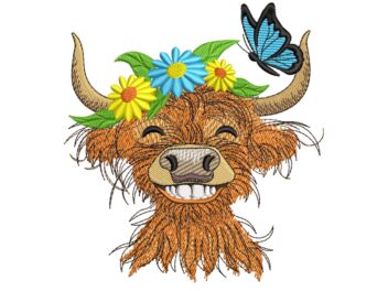 Floral Highland Cow Embroidery Design, Cute Smile Farm Animal embroidery design, Instant download