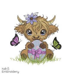 Easter Highland Embroidery Design, Cute Farm Animal embroidery design, Instant download