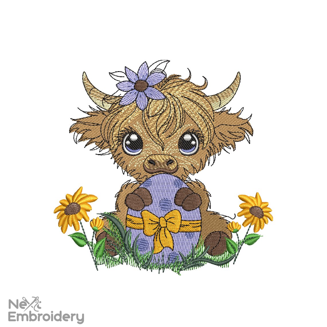 Highland Easter Baby Cow Embroidery Design, Cute Farm Animal embroidery design, Instant download