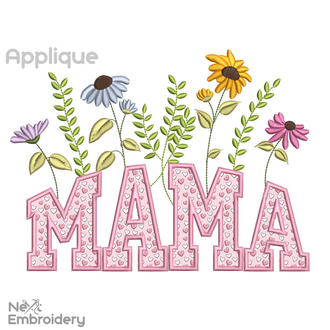 Mama Applique Flowers Embroidery Design, Wildflowers Embroidery Design, Instant Download