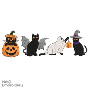 Halloween Black Cats Embroidery Design, Jack-O'-Lantern Halloween Embroidery Design, Spooky Pumpkin Faces and Bats